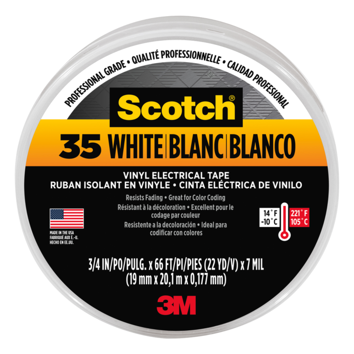 3M Scotch® #35 Electrical Tape, 10828-DL-2W, 0.75 in x 66 ft x 7 mil, White, 10/case