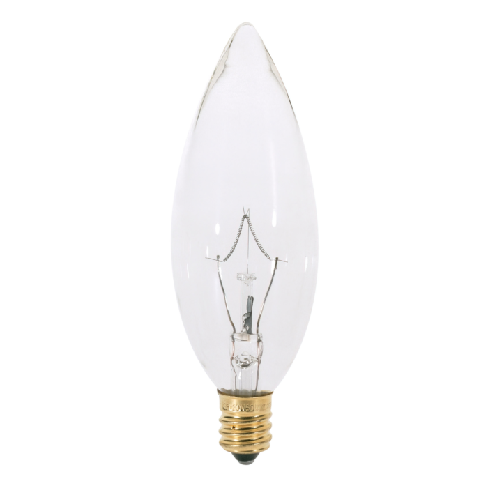 Satco 25 Watt BA9 1/2 Incandescent - Clear - 1500 Average rated hours - 212 Lumens - Candelabra base - 120 Volt - 2-Card
