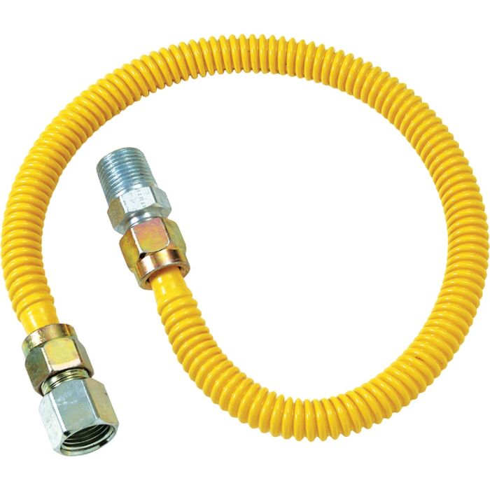 WATTS 1/2 IN OD, 3/8 IN ID, SS Gas Connector, 1/2 IN MIP x 1/2 IN FIP, 18 IN Length, Antimicrobial Yellow Powder Coated, Bag