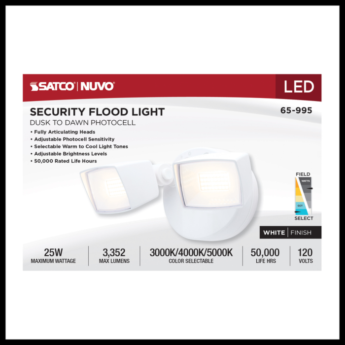 Satco LED Security Light - Dual Head - Field Selectable - White Finish