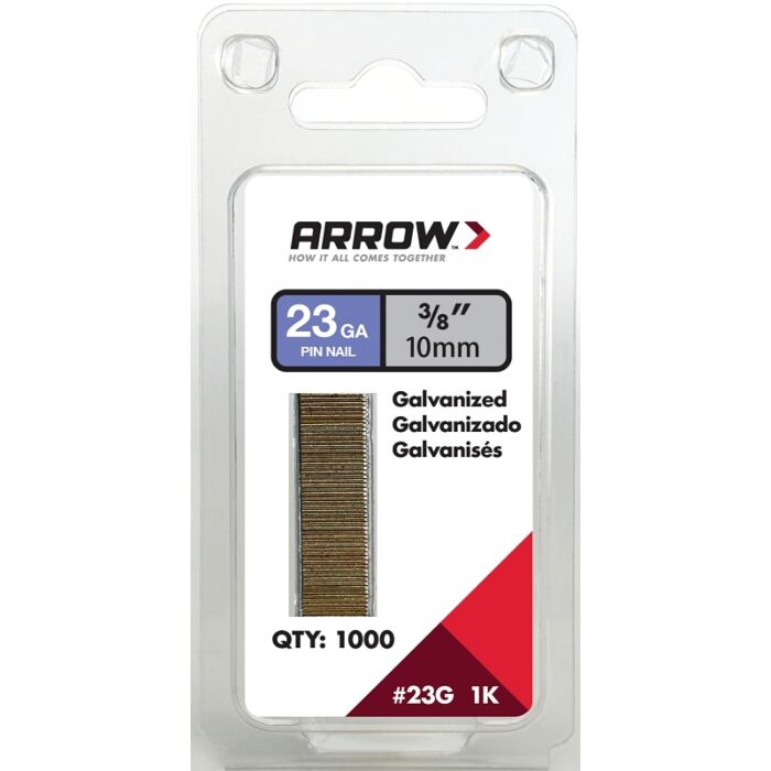 Arrow Fastener Arrow 23G10-1K Pin Nail, 3/8 in L, 23 Gauge, Galvanized Steel, Round Shank
