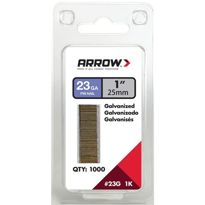 Arrow Fastener Arrow 23G25-1K Pin Nail, 1 in L, 23 Gauge, Galvanized Steel, Round Shank