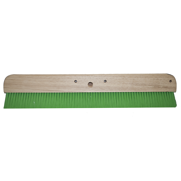 24" Green Nylon Concrete Finishing Brush. Fiber Is Staple Set In A Clear Lacquered Hardwood Block With One Threaded Handle Hole. Three Rows Of Nylon.