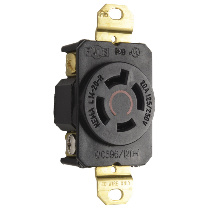 Pass & Seymour 20A 125/250V NEMA L1420 Single Receptacle, 4-Wire, Black