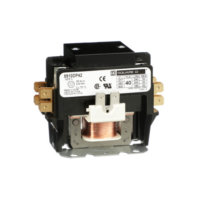 Square D Contactor, Definite Purpose, 40A, 2 pole, 24/24VAC 50/60Hz coil, open