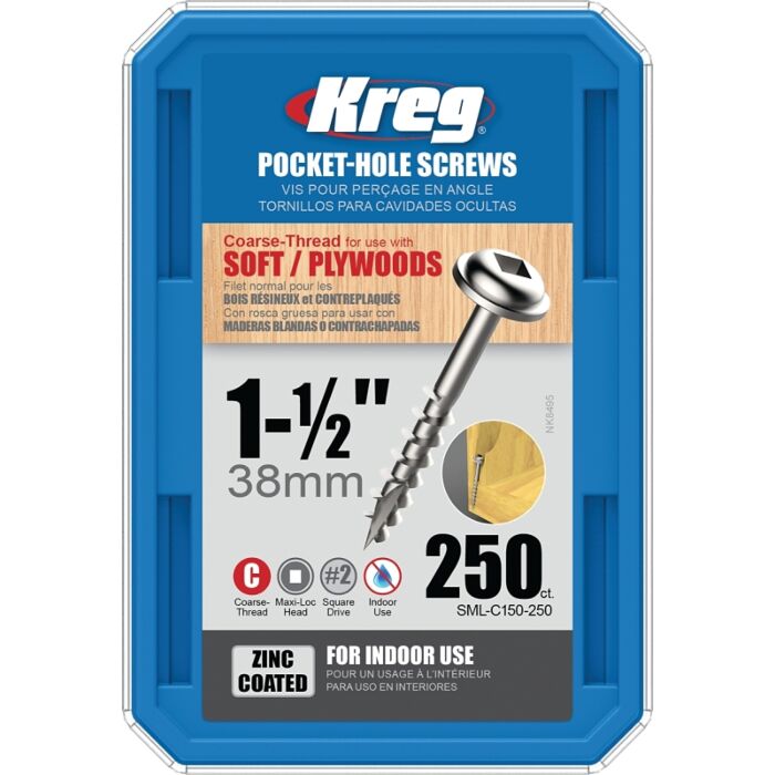 Kreg SML-C150-250 Pocket-Hole Screw, #8 Thread, 1-1/2 in L, Coarse Thread, Maxi-Loc Head, Square Drive, Carbon Steel, 250/PK