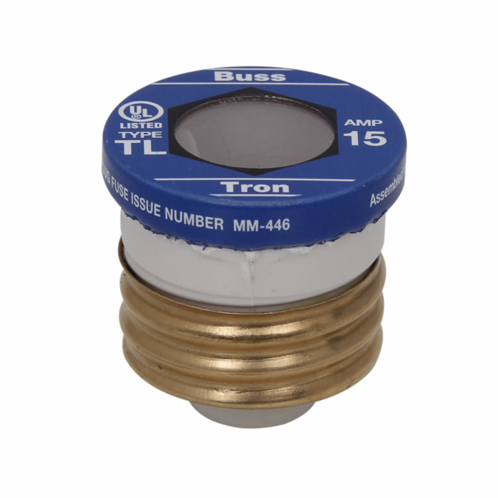 Edison Eaton Bussmann series Type TL plug fuse, plug fuse, time delay, 15 A, 125 Vac, 10 kAIC (RMS Symmetrical) interrupt rating, 10 kA short circuit rating, threaded mount, plastic body, brass thread, edison base
