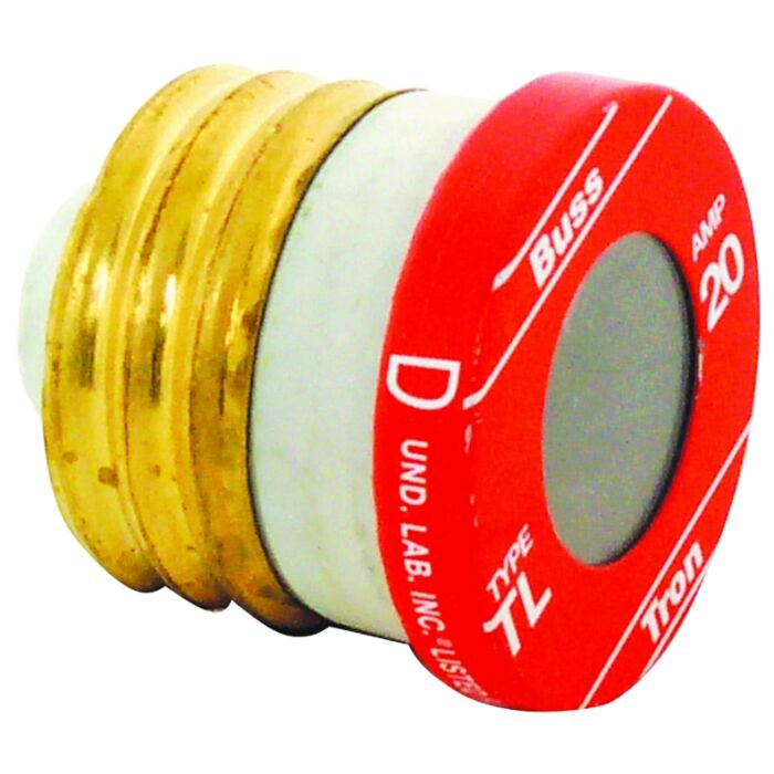 Bussmann Eaton Bussmann series Type TL plug fuse, plug fuse, time delay, 125 Vac, 10 kAIC (RMS Symmetrical) interrupt rating, 10 kA short circuit rating, threaded mount, plastic body, brass thread, edison base, 20 A