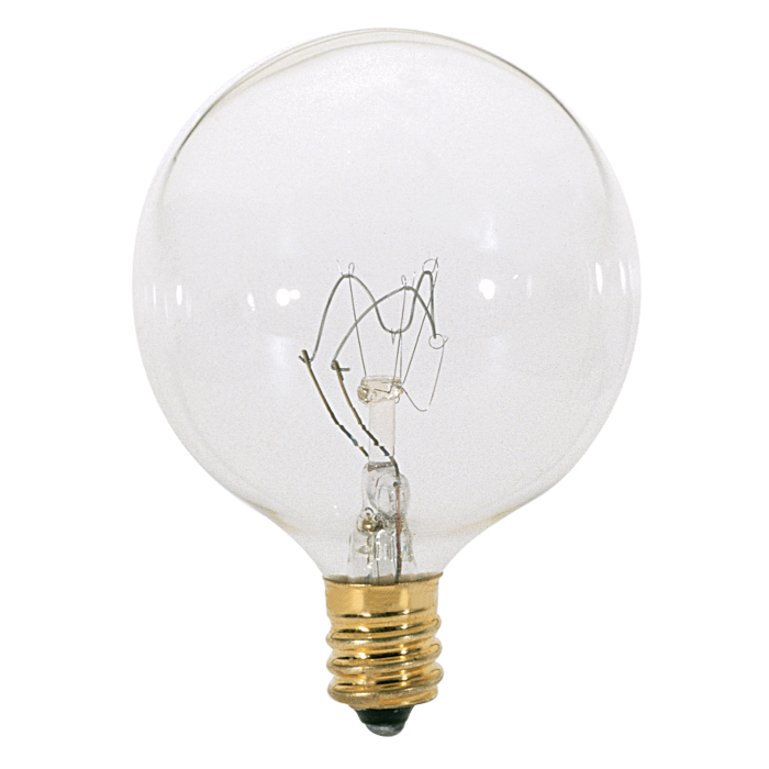 Satco 25 Watt G16 1/2 Incandescent - Clear - 1500 Average rated hours - 232 Lumens - Candelabra base - 120 Volt - 2-Card