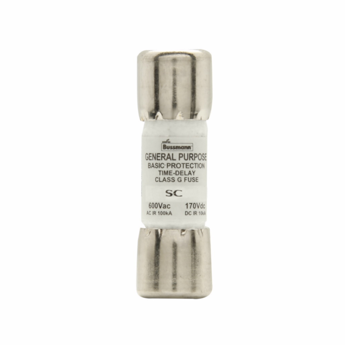 Bussmann Eaton Bussmann series SC fuse, Current-limiting time-delay fuse, Rejection style, 15 A, Class G, Non-indicating, Ferrule end x ferrule end, 12 sec at 200%, 10 kAIC at 170 Vdc,100 kAIC at 600 Vac, Standard, 600 V, 170 Vdc