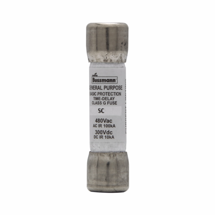 Bussmann Eaton Bussmann series SC fuse, Current-limiting time-delay fuse, Rejection style, 30 A, Class G, Non-indicating, Ferrule end x ferrule end, 12 sec at 200%, 10 kAIC at 300 Vdc,100 kAIC at 480 Vac, Standard, 480 V, 300 Vdc