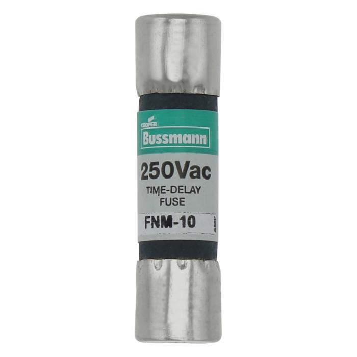 Bussmann Eaton Bussmann series FNM fuse, Time-delay Midget fuse, 10 A, Dual, Non-indicating, Ferrule end x ferrule end, 10 kAIC at 125 Vac,200 AIC at 250 Vac, Nickel-plated bronze endcap, Standard, 250 V