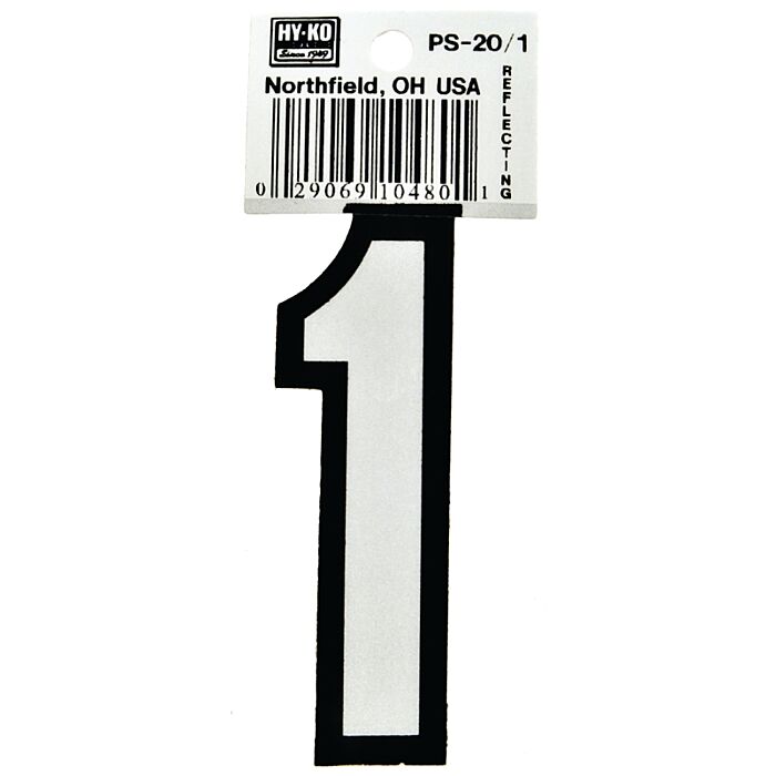 HY-KO Hy-Ko PS-20/1 Reflective Sign, Character: 1, 3-1/4 in H Character, Black/White Character, Vinyl
