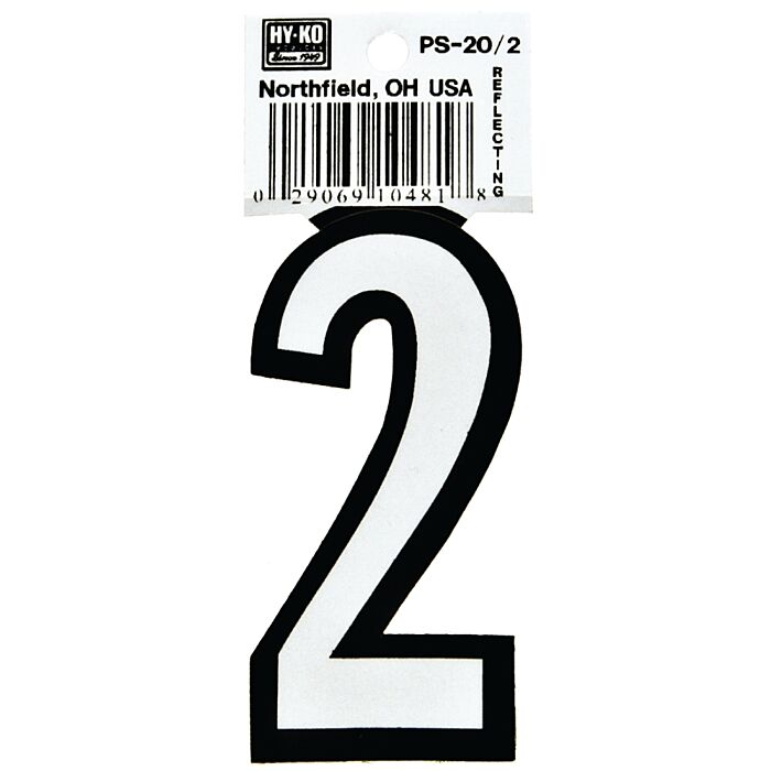 HY-KO Hy-Ko PS-20/2 Reflective Sign, Character: 2, 3-1/4 in H Character, Black/White Character, Vinyl