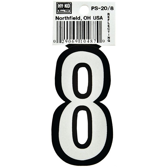 HY-KO Hy-Ko PS-20/8 Reflective Sign, Character: 8, 3-1/4 in H Character, Black/White Character, Vinyl