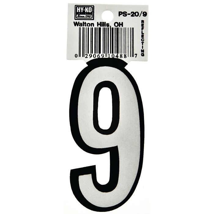 HY-KO Hy-Ko PS-20/9 Reflective Sign, Character: 9, 3-1/4 in H Character, Black/White Character, Vinyl