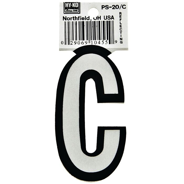 HY-KO Hy-Ko PS-20/C Reflective Letter, Character: C, 3-1/4 in H Character, Black/White Character, Vinyl