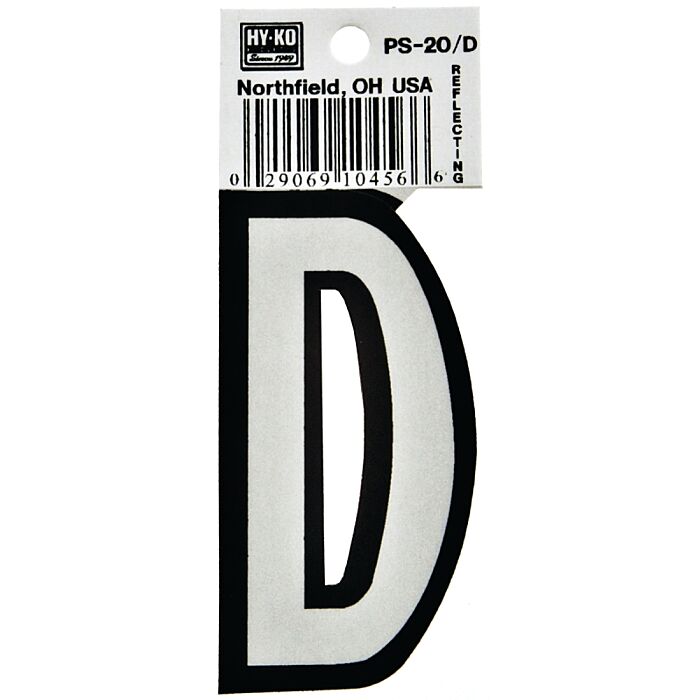 HY-KO Hy-Ko PS-20/D Reflective Letter, Character: D, 3-1/4 in H Character, Black/White Character, Vinyl