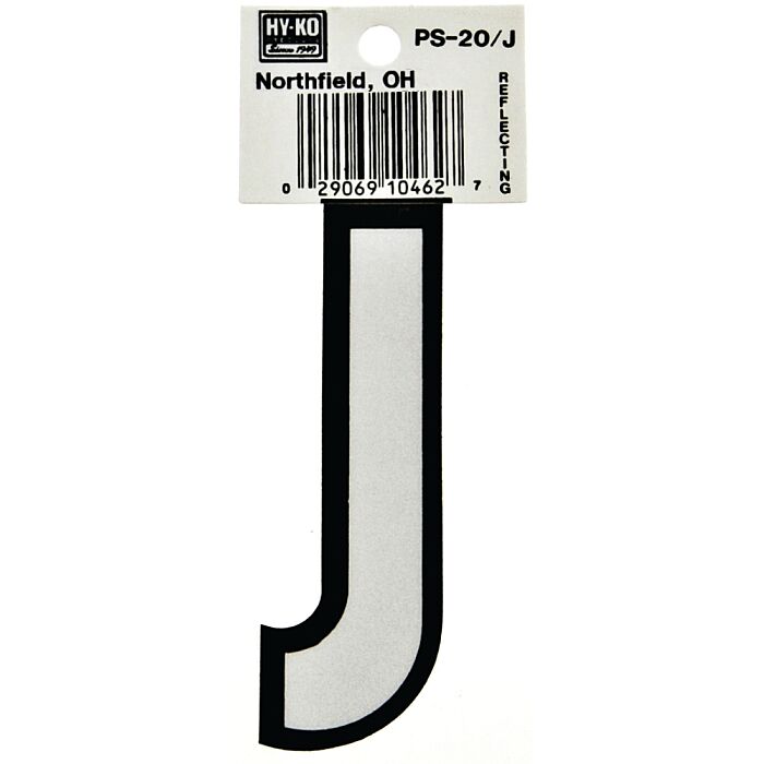 HY-KO Hy-Ko PS-20/J Reflective Letter, Character: J, 3-1/4 in H Character, Black/White Character, Vinyl