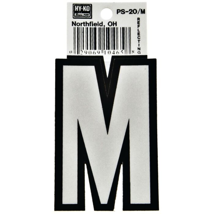 Hy-Ko PS-20/M Reflective Letter, Character: M, 3-1/4 in H Character, Black/White Character, Vinyl