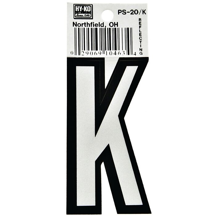 HY-KO Hy-Ko PS-20/K Reflective Letter, Character: K, 3-1/4 in H Character, Black/White Character, Vinyl