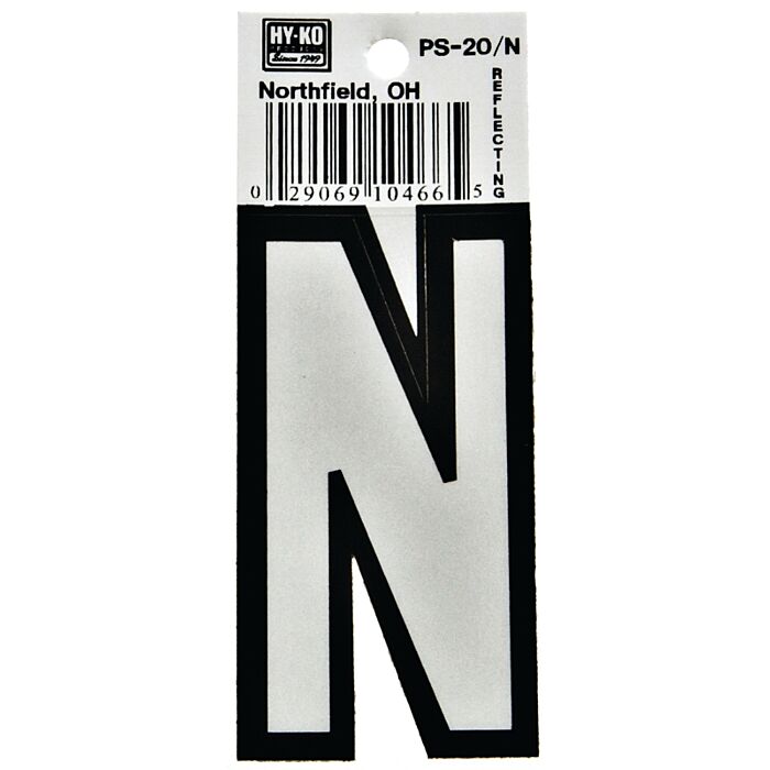 HY-KO Hy-Ko PS-20/N Reflective Letter, Character: N, 3-1/4 in H Character, Black/White Character, Vinyl