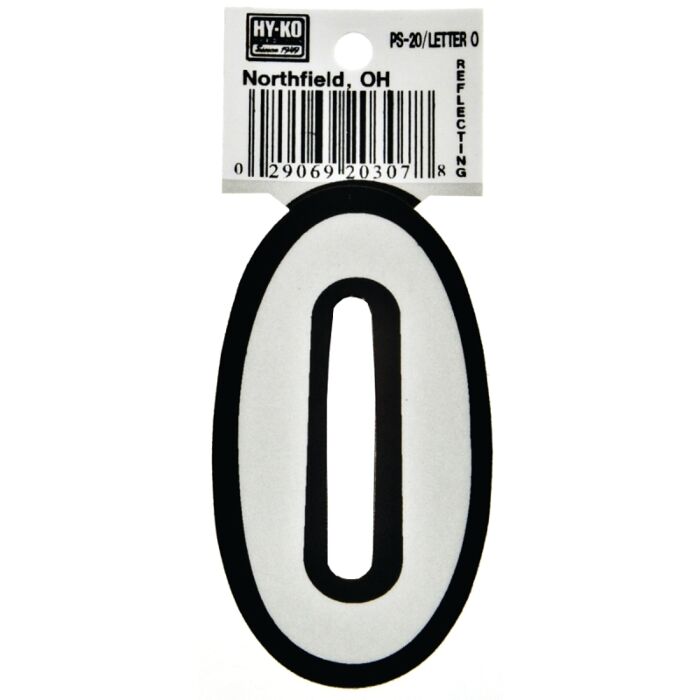 Hy-Ko PS-20/O Reflective Letter, Character: O, 3-1/4 in H Character, Black/White Character, Vinyl