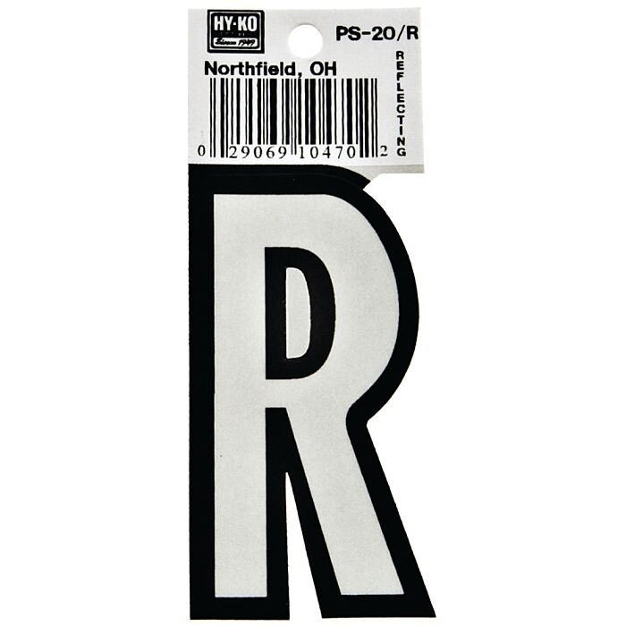 HY-KO Hy-Ko PS-20/R Reflective Letter, Character: R, 3-1/4 in H Character, Black/White Character, Vinyl