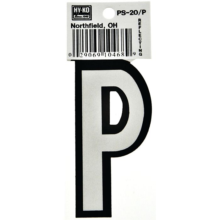 HY-KO Hy-Ko PS-20/P Reflective Letter, Character: P, 3-1/4 in H Character, Black/White Character, Vinyl