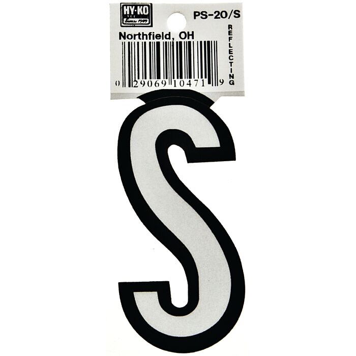 HY-KO Hy-Ko PS-20/S Reflective Letter, Character: S, 3-1/4 in H Character, Black/White Character, Vinyl