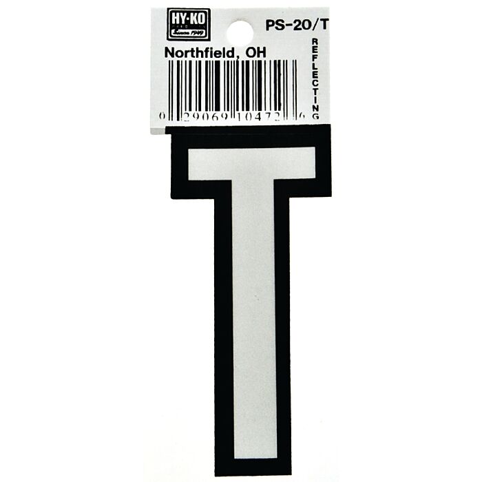 HY-KO Hy-Ko PS-20/T Reflective Letter, Character: T, 3-1/4 in H Character, Black/White Character, Vinyl