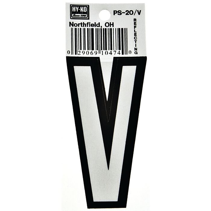 HY-KO Hy-Ko PS-20/V Reflective Letter, Character: V, 3-1/4 in H Character, Black/White Character, Vinyl