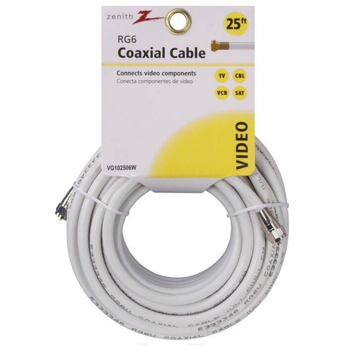 Zenith VG102506W RG6 Coaxial Cable, F-Type, F-Type, 25 ft L