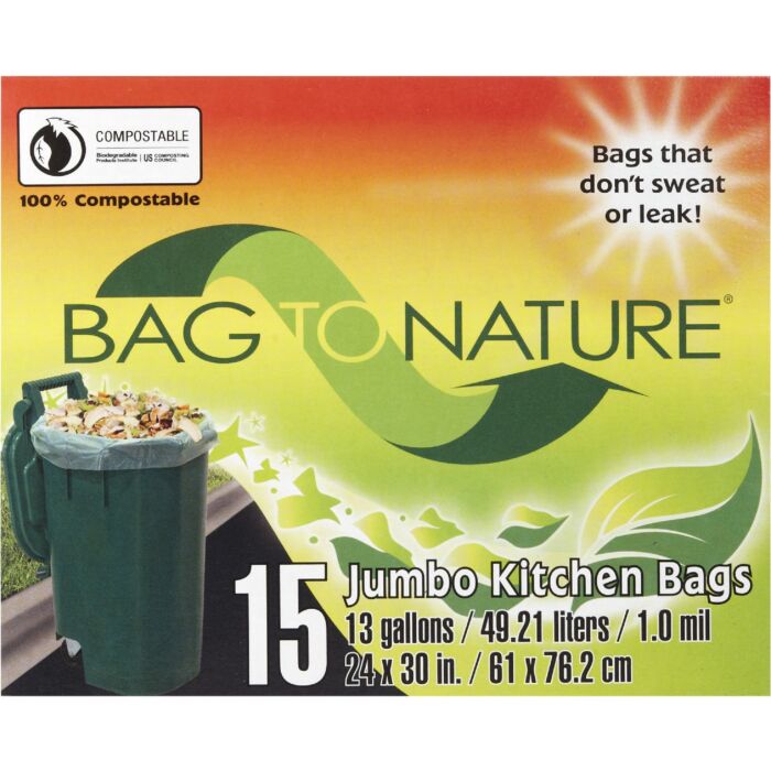 Bag-To-Nature Compostable Kitchen Trash Bag (Green - 15pk) 13 gal