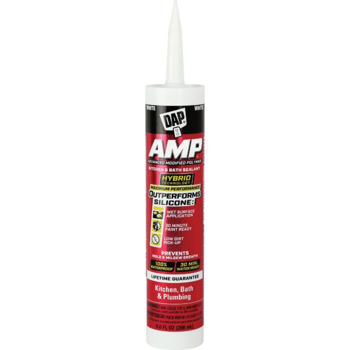 DAP AMP Advanced Modified Polymer Waterproof Kitchen, Bath and Plumbing Sealant (White) 9 oz