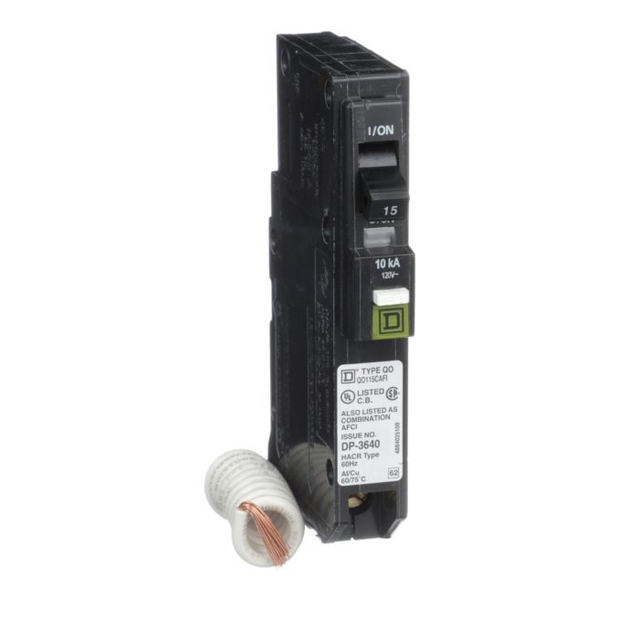 Square D Mini circuit breaker, QO, 15A, 1 pole, 120VAC, 10kA, plug in, combo ARC fault, pigtail, clam [TAA]