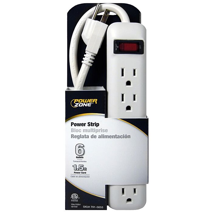 PowerZone OR801118 Power Outlet Strip, Straight Plug, 6 -Socket, 15 A, 125 V