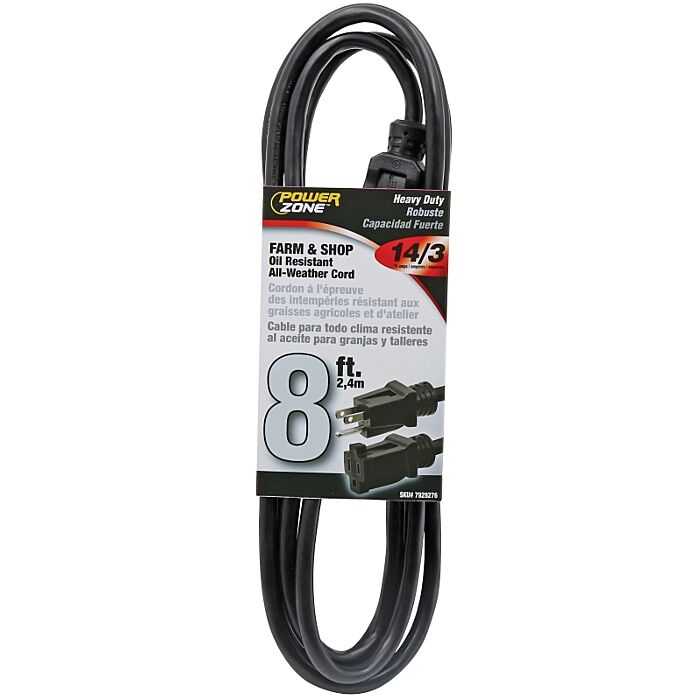 PowerZone OR532708 Extension Cord, 8 ft L, Black