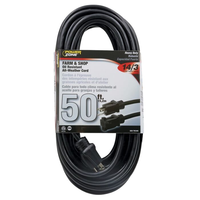 PowerZone OR532730 Extension Cord, 50 ft L, Black