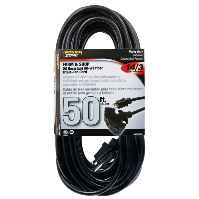 PowerZone OR632730 Extension Cord, 50 ft L, Black