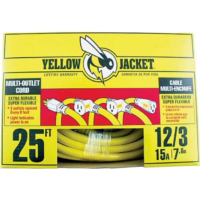 Yellow Jacket Woods 2830 Power Block Adapter Cord, 12 AWG Cable, 25 ft L, 15 A, 125 V, Yellow