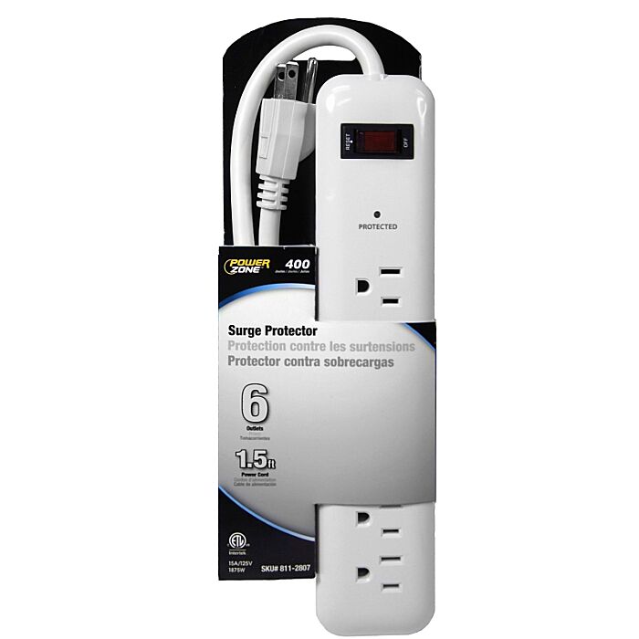 PowerZone OR802013 Surge Protector Power Strip, 125 V, 15 A, 6-Outlet, 400 Joules Energy, White