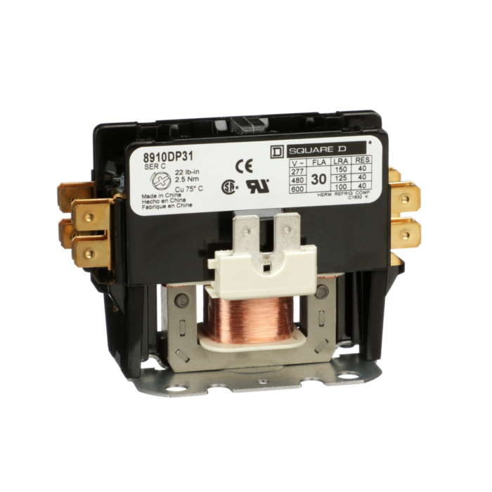 Schneider Electric Contactor, Definite Purpose, 30A, 1 pole, 24/24VAC 50/60Hz coil, open