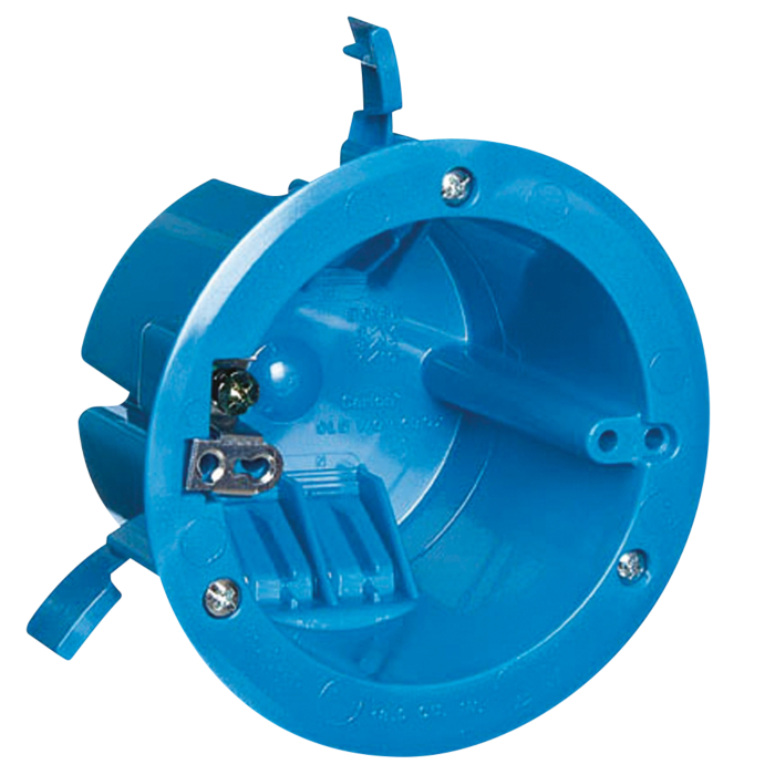 Round Old Work Box, Volume 18 Cubic Inches, Diameter 4-1/4 Inches, Color Blue, Material Polycarbonate, Mounting Means Swing Clamps