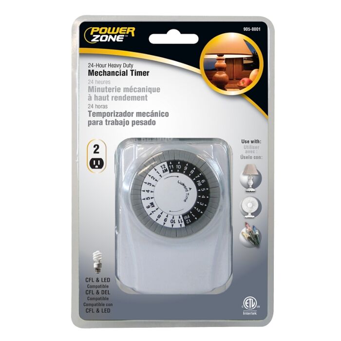 PowerZone TNI2423 Electromechanical Timer, 15 A, 125 V, 1875 W, 2-Outlet, 24 hrs Time Setting, White