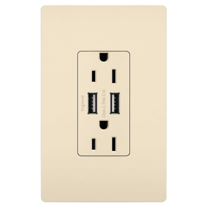 Pass & Seymour radiant® 3.1A USB Outlet, Type A, 15A, Tamper-Resistant, Light Almond