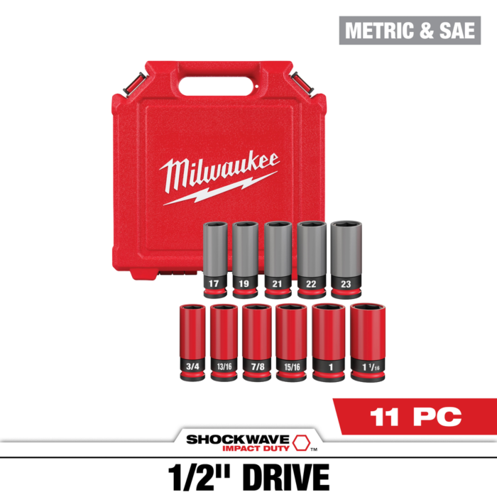 Milwaukee SHOCKWAVE™ Impact Duty 1/2 Drive SAE & Metric 11PC Lug Nut Wheel Socket Set