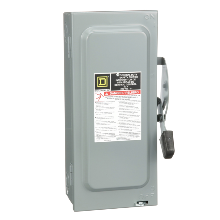 Square D Safety switch, general duty, fusible, 2 pole, 3 wire, 240VAC, 60A, Type 1, with neutral, consumer packaging