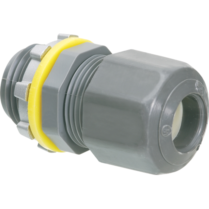 Low-profile non-metallic, liquid-tight, oil-tight, and gray strain relief cord connector furnished with a sealing ring and locknut. Supports .100 to .300 cord range with a 1/2 inch trade size.