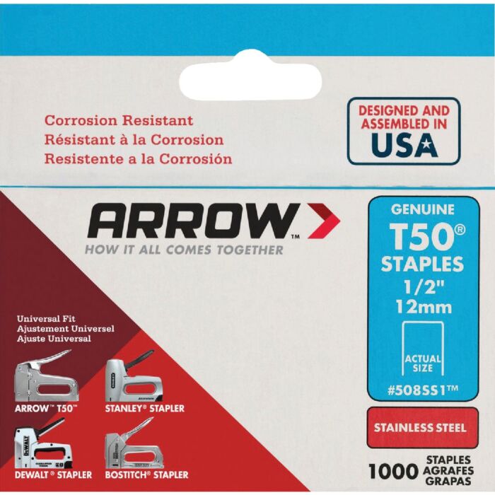 Arrow Fastener Arrow T50 Heavy-Duty Stainless Steel Staple, 1/2 In. (1000-Pack)